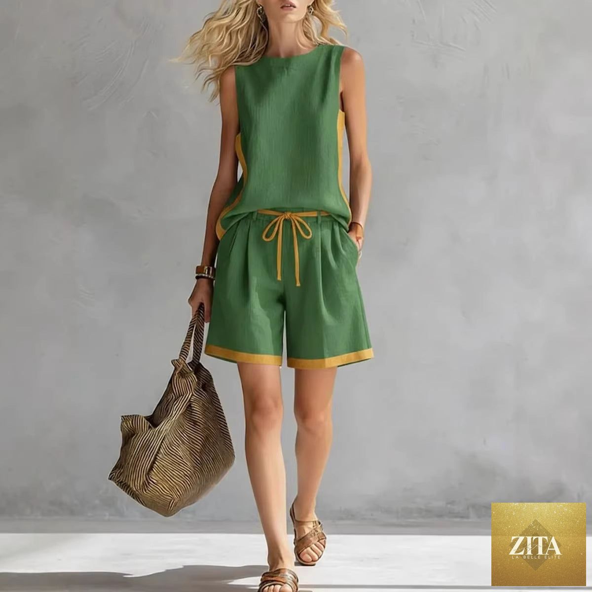 Zita La Belle Elite casualwear set with solid color loose vest and matching shorts, lightweight and comfortable for everyday wear.