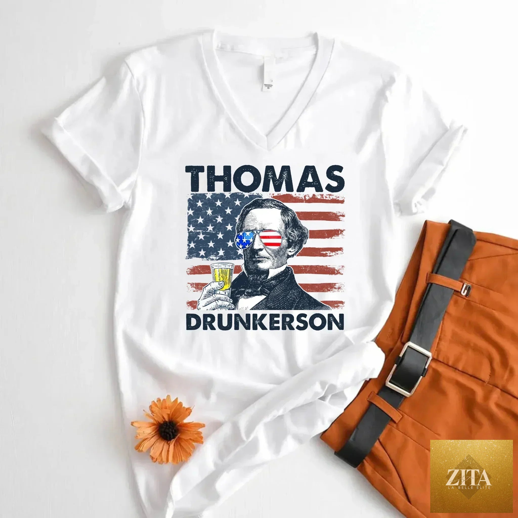 Thomas Drunkerson 4th of July unisex V-neck shirt featuring Jefferson-inspired boozy design by Adorb Custom Tees.