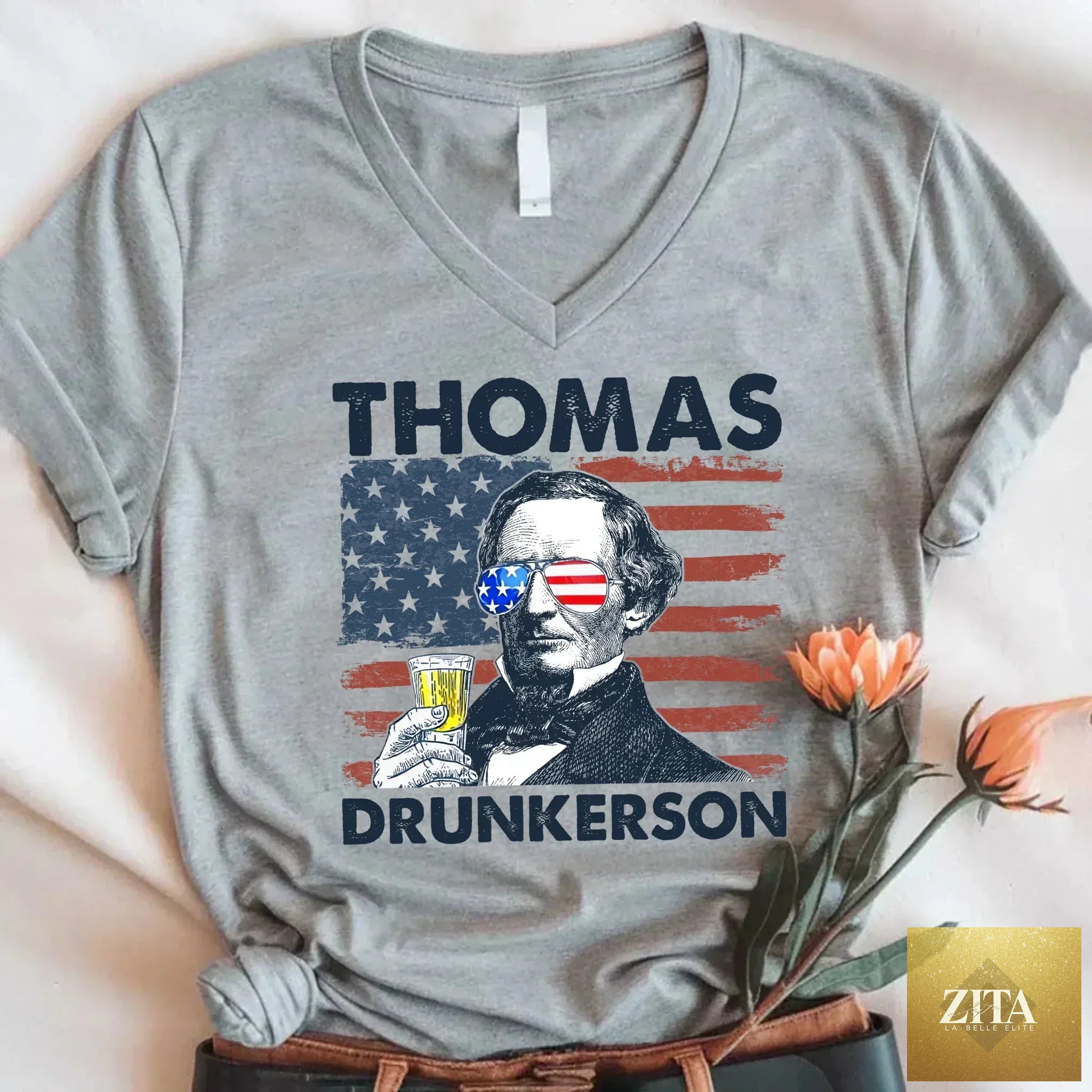 Unisex Thomas Drunkerson 4th of July V-neck T-shirt with Jefferson-inspired boozy design by Adorb Custom Tees