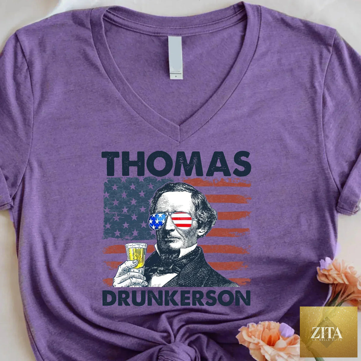 Thomas Drunkerson 4th of July boozy T-shirt by Adorb Custom Tees featuring a Jefferson-inspired design for unisex V-neck shirt.