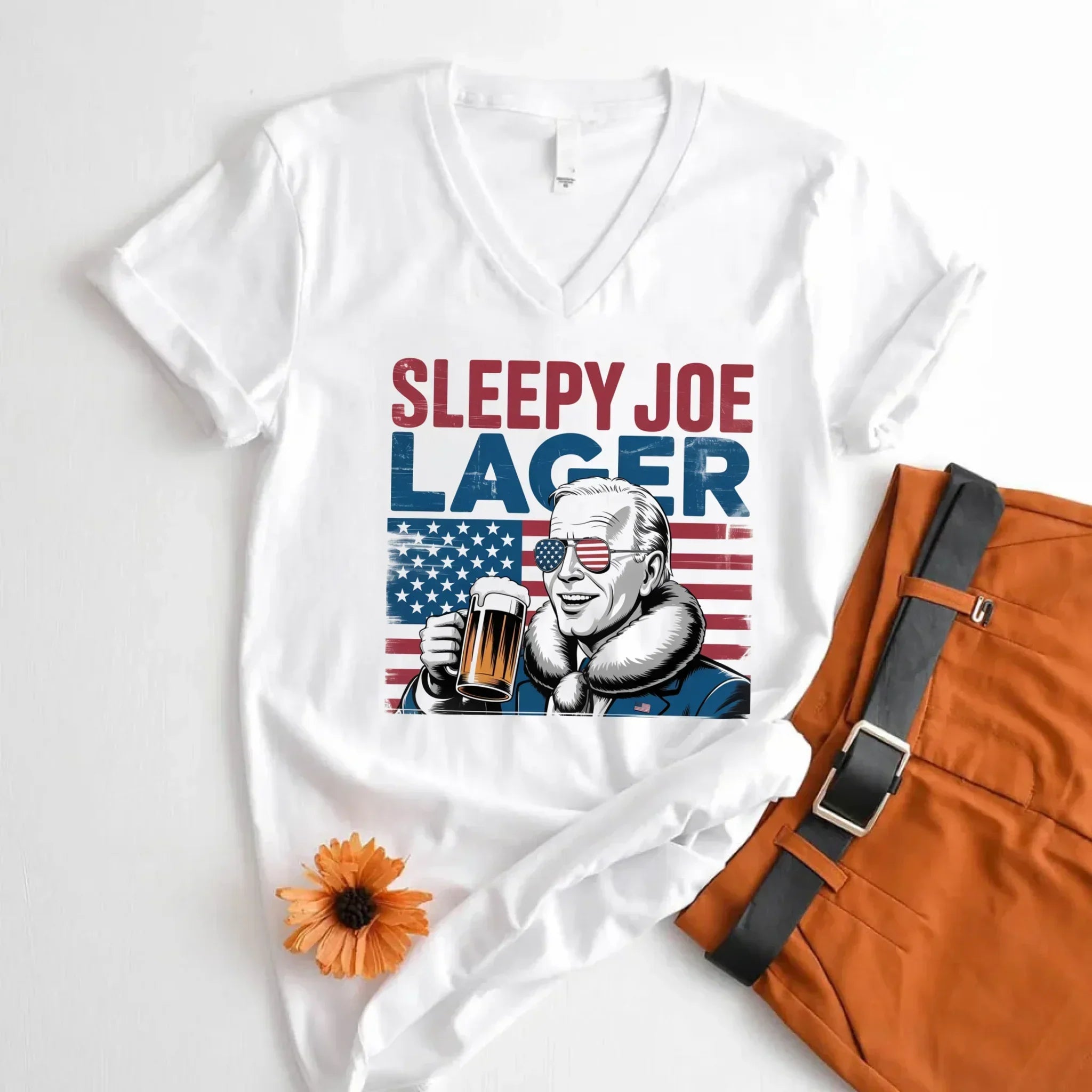 Sleepy Joe Lager V-Neck T-Shirt โ Biden-Inspired Funny Beer Tee for 4th of July