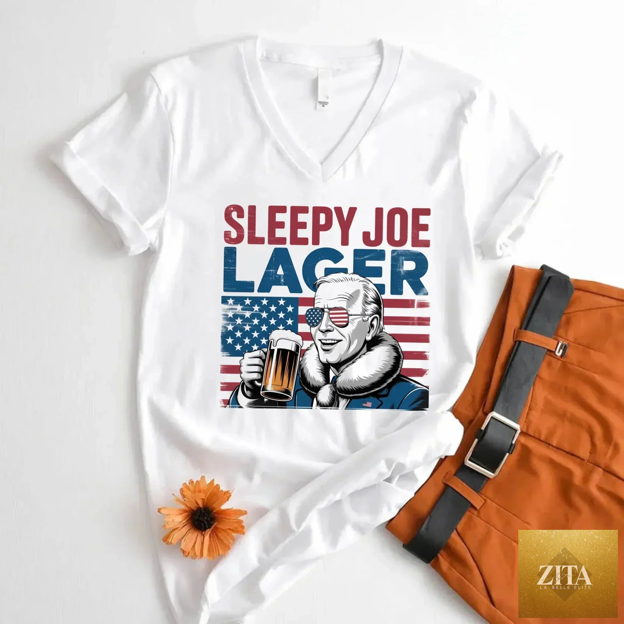 Adorb Custom Tees Sleepy Joe Lager V-neck T-shirt featuring humorous Biden-inspired beer design for 4th of July celebrations.