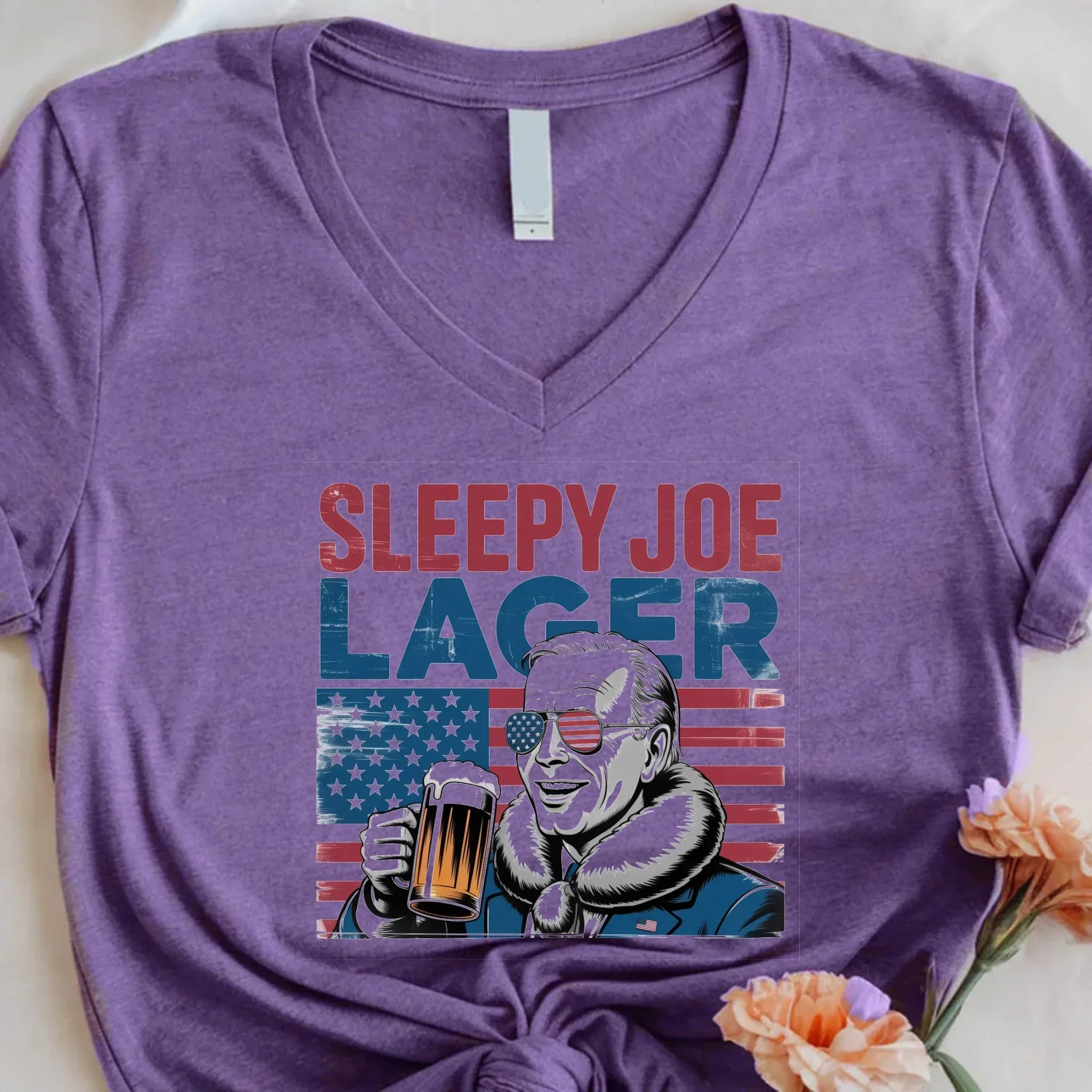 Sleepy Joe Lager V-Neck T-Shirt โ Biden-Inspired Funny Beer Tee for 4th of July