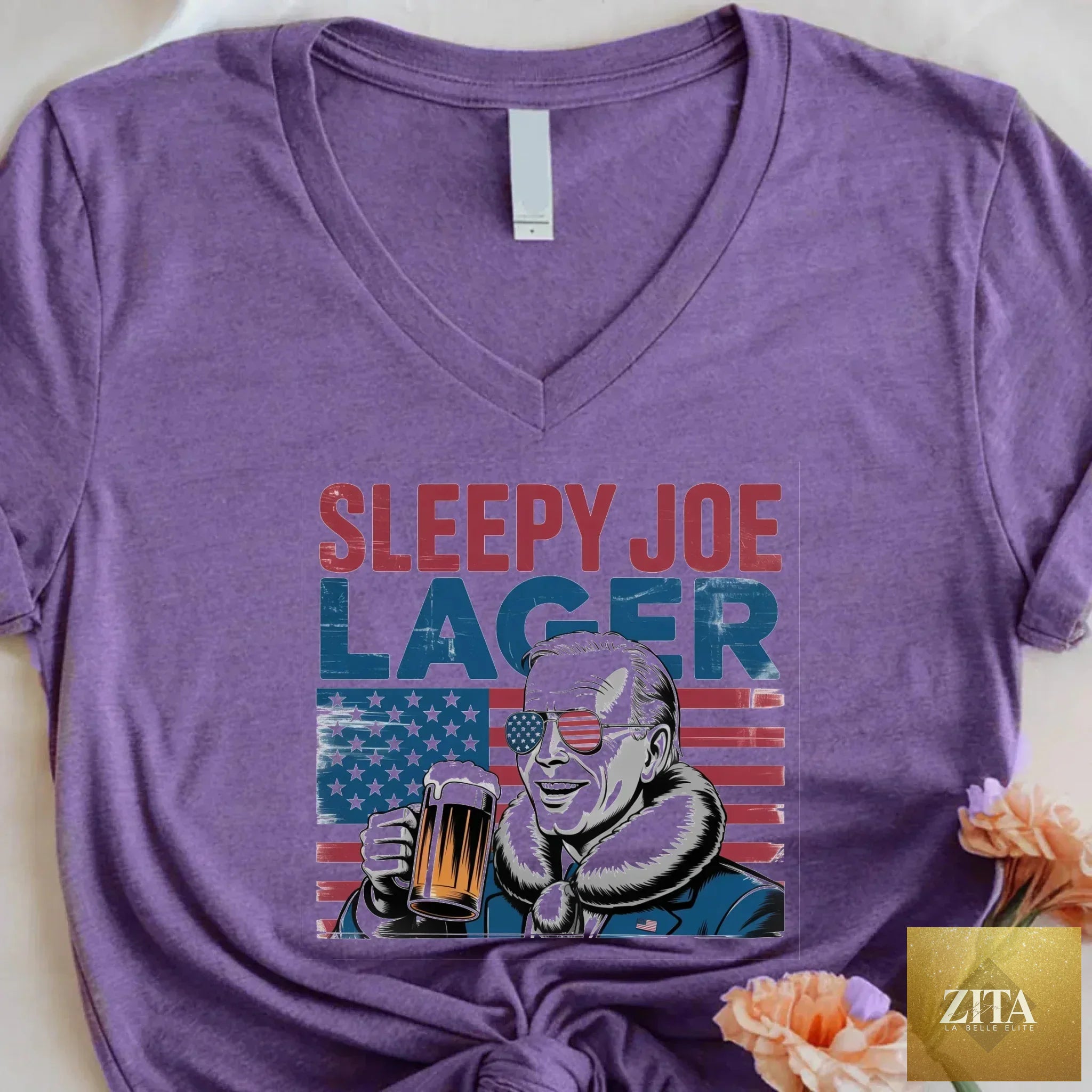 Adorb Custom Tees Sleepy Joe Lager V-neck T-shirt featuring Biden-inspired funny beer design for 4th of July celebrations.