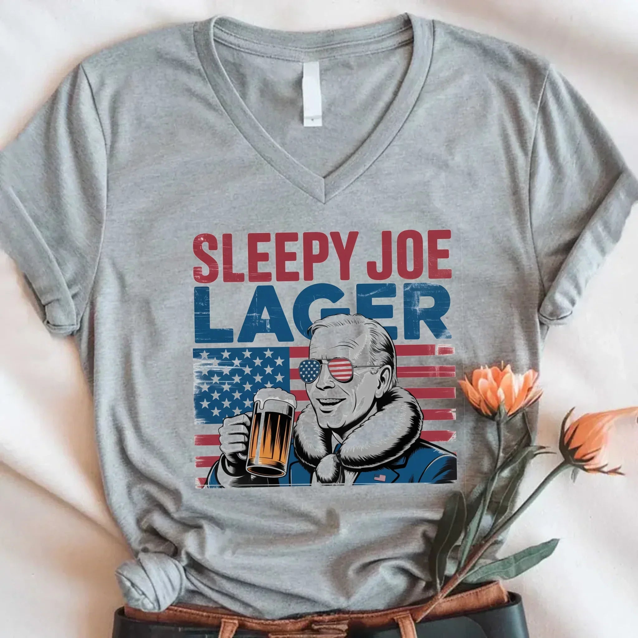 Sleepy Joe Lager V-Neck T-Shirt โ Biden-Inspired Funny Beer Tee for 4th of July