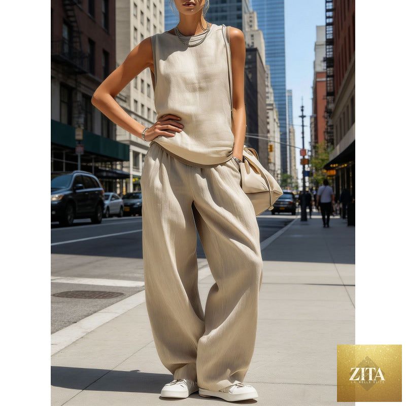 Zita La Belle Elite women's sleeveless cardigan top and pants two-piece casualwear set, beige fabric, stylish and comfortable.