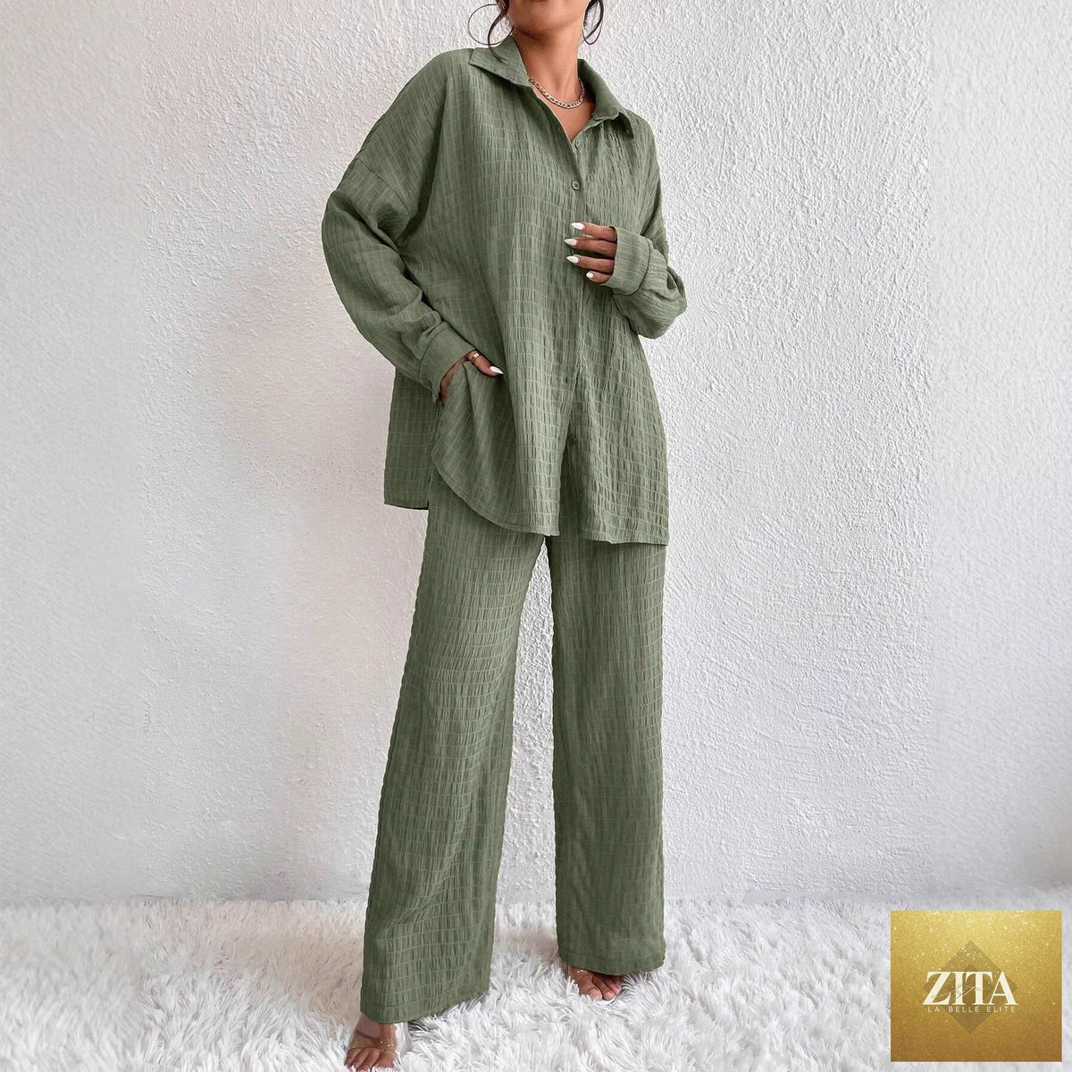 Zita La Belle Elite women's casual two-piece set with pleated long sleeve top and matching pants, featuring lapel collar design.