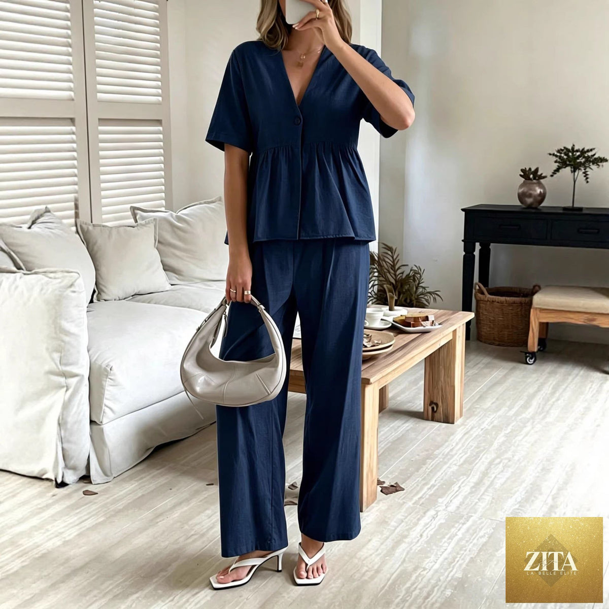 Zita La Belle Elite women's casual V-neck short-sleeve top and wide-leg pants set, shown in a relaxed fit and comfortable fabric.