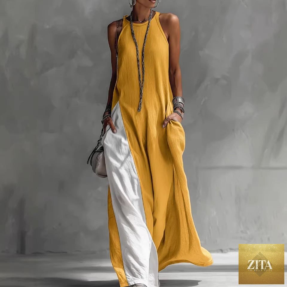 Zita La Belle Elite women's sleeveless off-shoulder loose maxi dress with pockets, casualwear, flowing fabric, and relaxed fit.