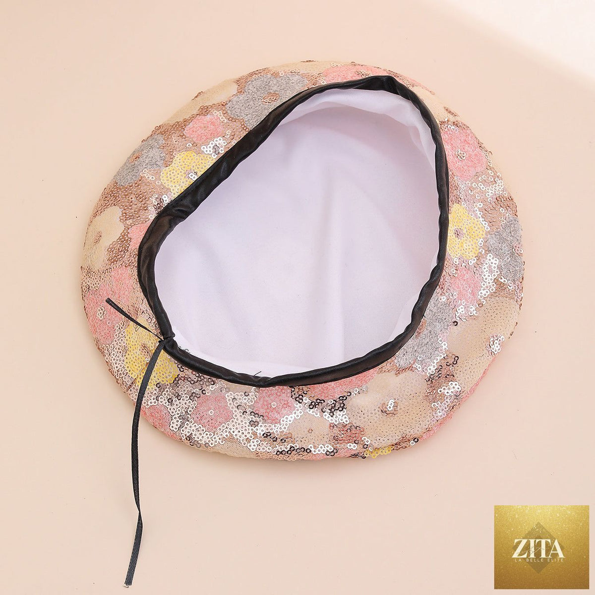 Sequin flower beret by Zita La Belle Elite, trendy painter's hat for women, featuring colorful sequins and a stylish outdoor look.