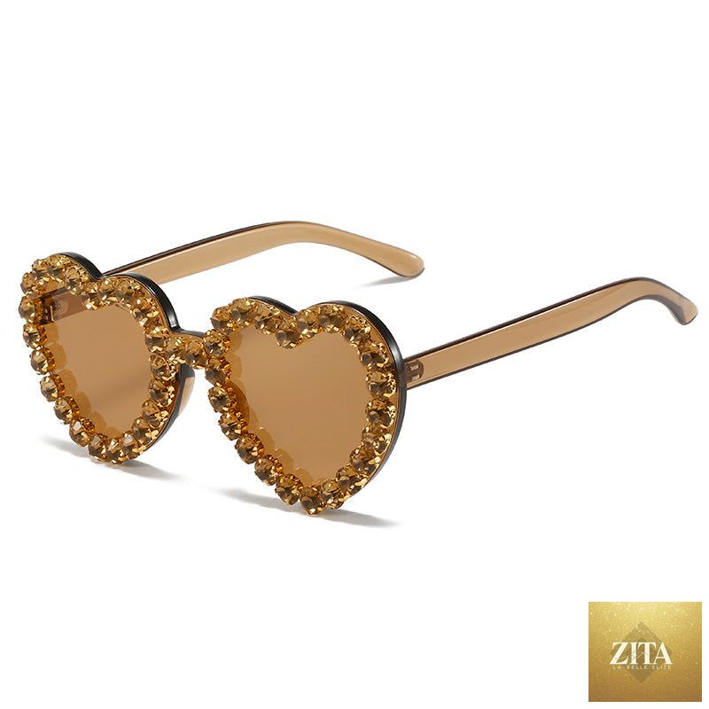 Peach heart-shaped rhinestone sunglasses by FitiqueFit, Y2K INS style, with sparkling rhinestones and trendy eyewear design.