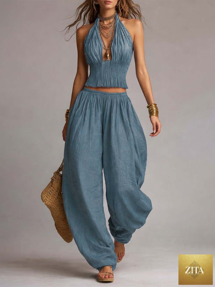 Zita La Belle Elite women's sleeveless backless halter top and wide-leg pants set, featuring stylish design and comfortable fit.