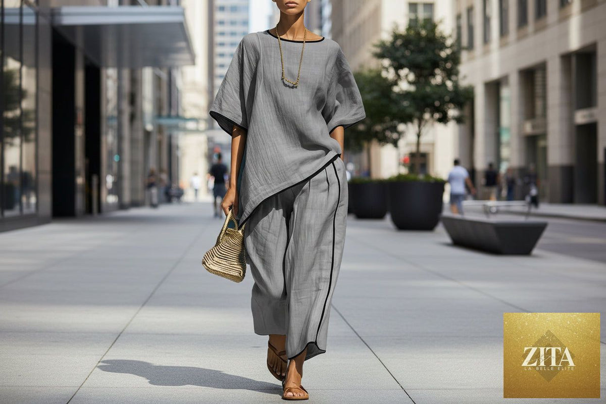 Women’s casual resort short-sleeve top and pants set by Zita La Belle Elite, featuring loose fit and comfortable fabric.
