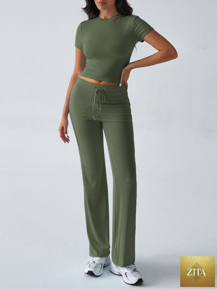 Zita La Belle Elite crew neck short sleeve top and full-length pants set in solid color, displayed in various color options.