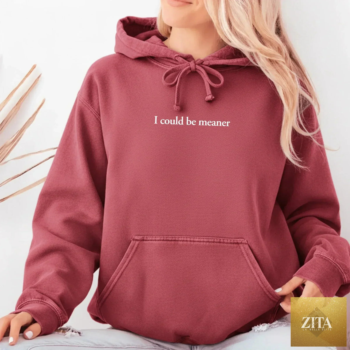 Comfort Colors hoodie with "I Could Be Meaner" text, casual fit, soft fabric, in pastel color, by Adorb Custom Tees.