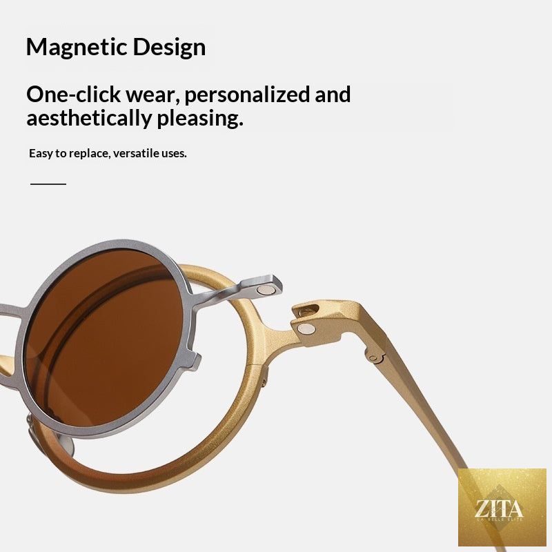 Pure titanium small round sunglasses by FitiqueFit featuring retro luxury style, lightweight eye wear with round frames.