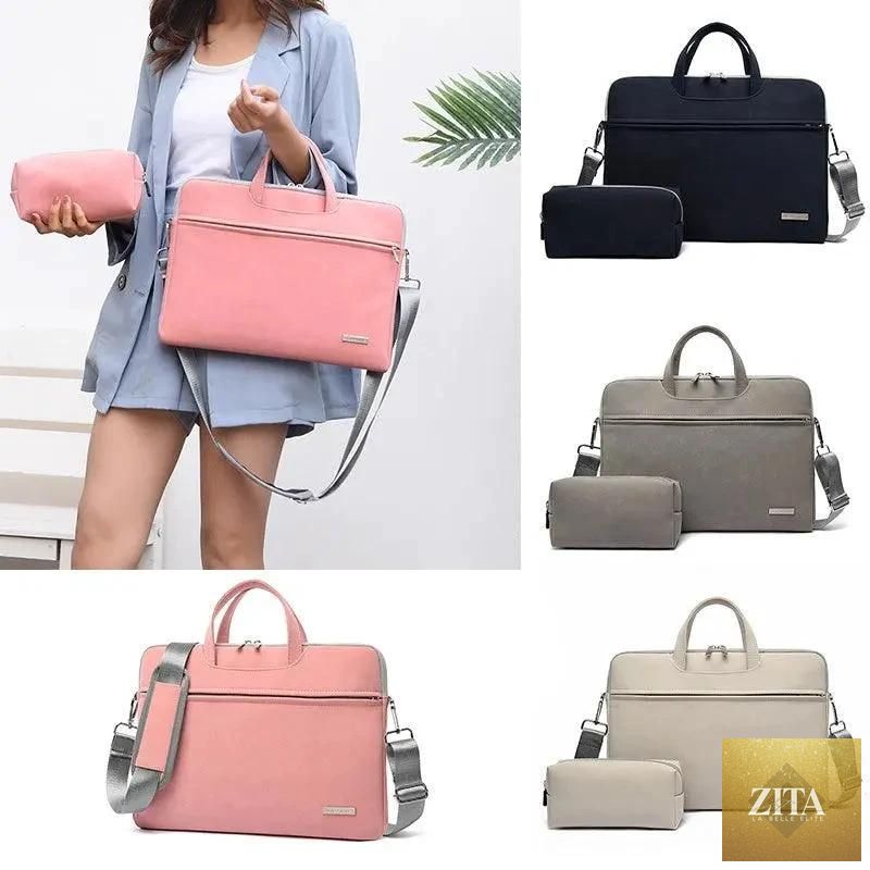 Mandotos women's PU leather laptop bag with handles and shoulder strap, fits MacBook Air 13.3 to 15.6 inches, includes mouse pocket