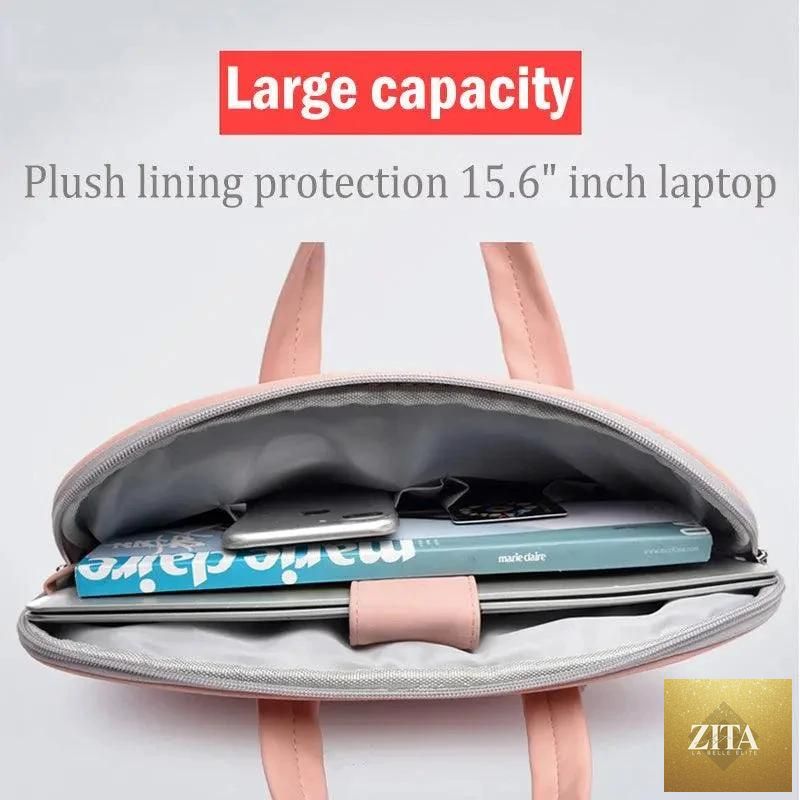 Mandotos women PU leather laptop bag with shoulder strap for MacBook Air 13.3 to 15.6 inches, featuring a notebook and mouse compartment.