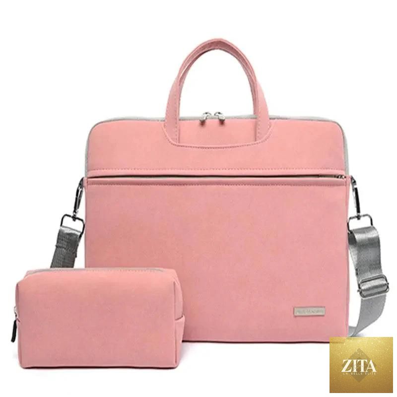 Mandotos women's PU leather laptop bag with shoulder strap, fits MacBook Air 13.3 to 15.6 inches, includes carrying handle and mouse bag