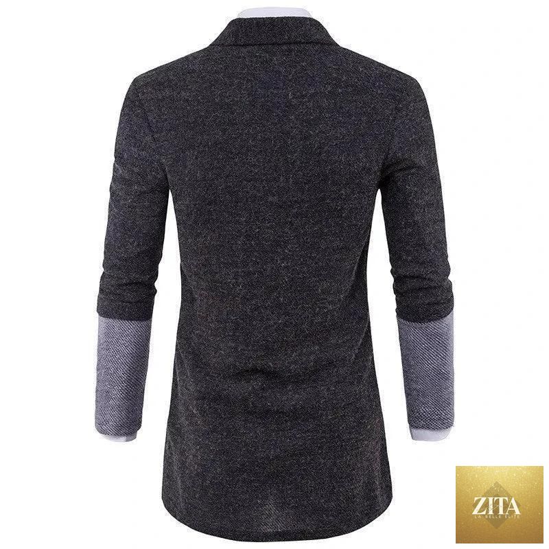 Mandotos men's casual knit cardigan sweater, stylish coat for men, cozy knitwear coat in neutral color, front view.
