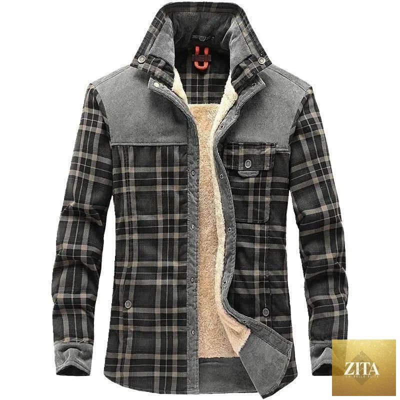 Men's winter jacket by MANDOTOS with thick fleece lining, warm plaid cotton coat, military style, suitable for cold weather.