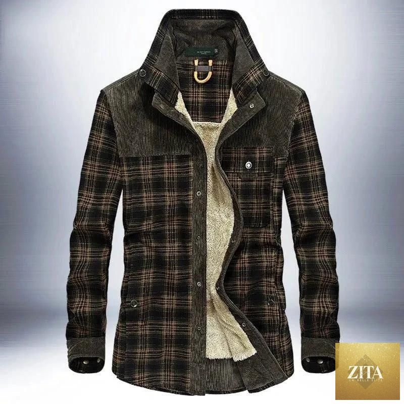 Mandotos men's winter jacket with thick fleece lining, plaid cotton design, military style warm coat for cold weather.