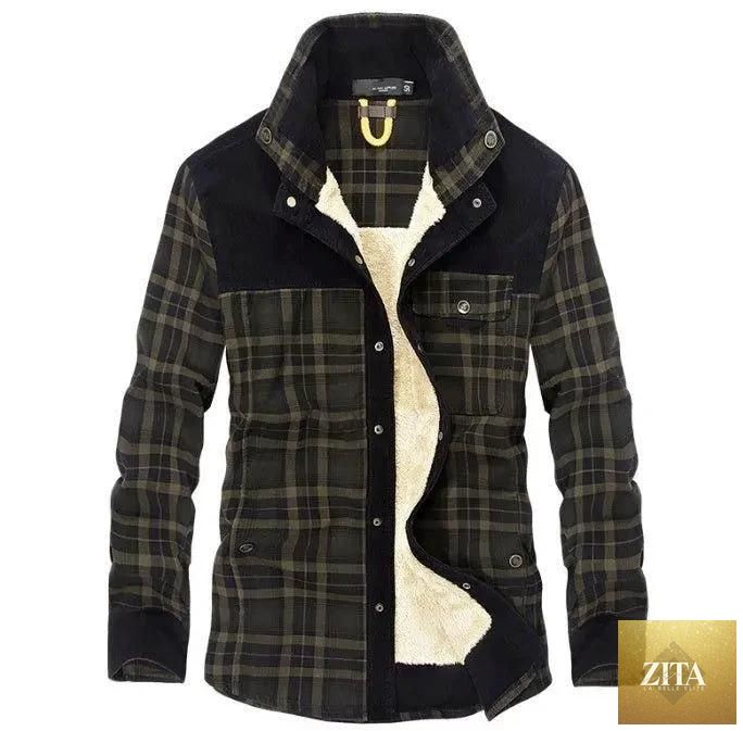 Mandotos men's winter jacket with thick fleece lining, plaid cotton exterior, military style coat for warmth and style.