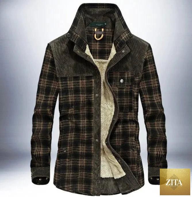 Mandotos men's winter jacket with thick fleece lining, plaid cotton exterior, military style coat for warmth and style.
