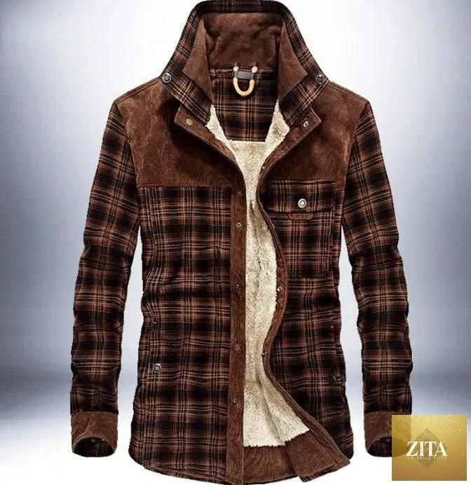 Men's winter jacket by MANDOTOS featuring thick warm fleece, plaid cotton design, military style coat for cold weather.