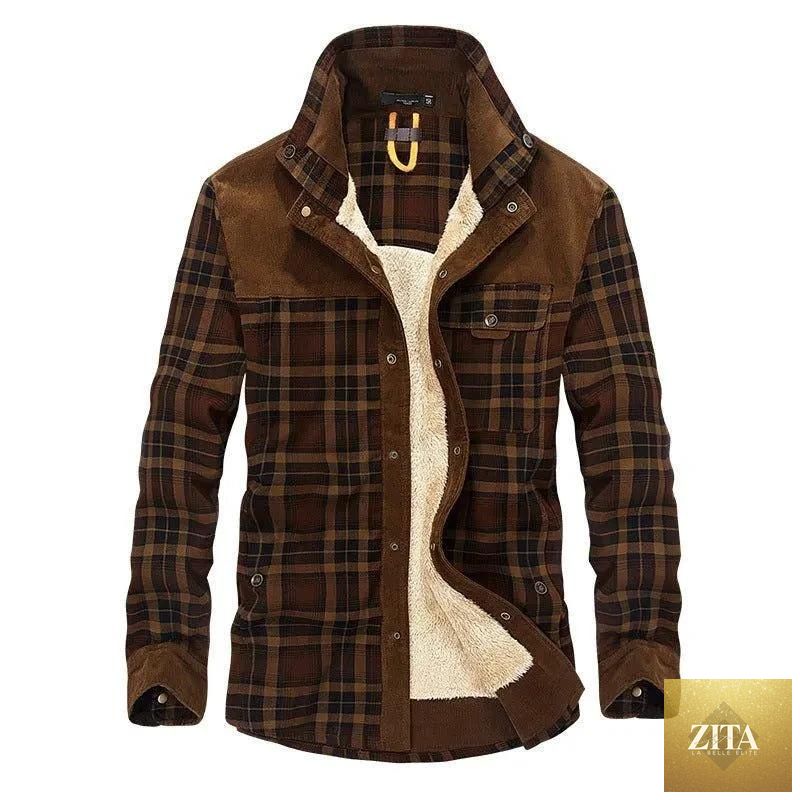 Mandotos men's winter jacket with thick warm fleece, pure cotton plaid design, military style coat for cold weather.