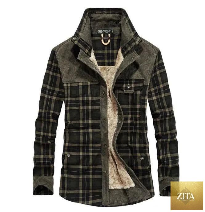 Mandotos men's winter jacket featuring thick warm fleece, plaid cotton design, military style coat for cold weather.