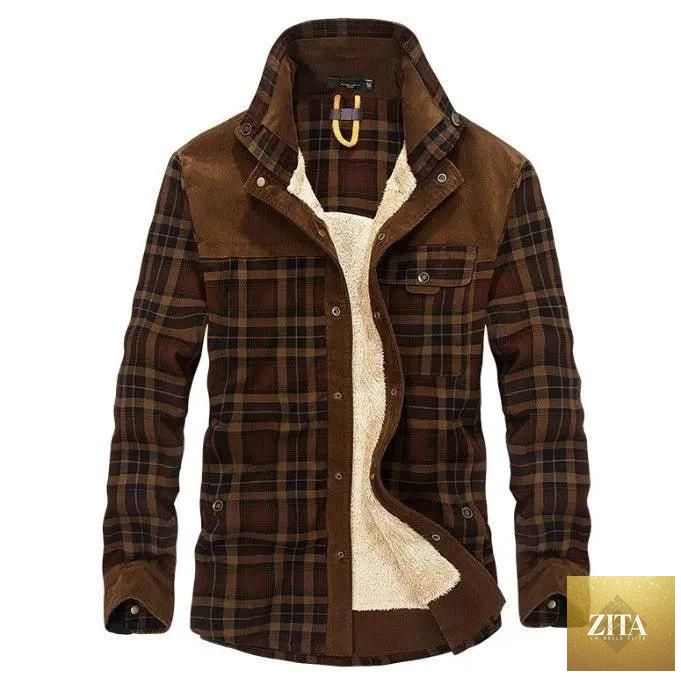 Men's winter jacket by MANDOTOS with thick fleece lining, plaid design, and military-inspired style, perfect for cold weather.