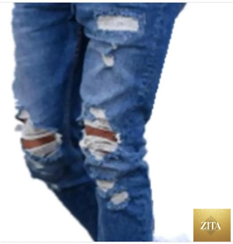 Mandotos men's hole jeans showing distressed denim with ripped details and classic five-pocket style.