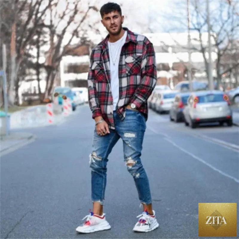 Mandotos men's jeans with holes, distressed denim style, featuring ripped details and classic fit.