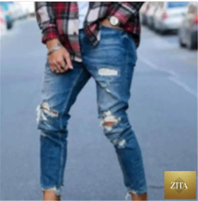 Mandotos men's hole jeans showing distressed denim with ripped details and classic five-pocket design.