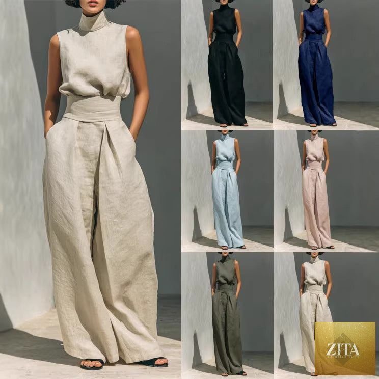 Casual sleeveless summer suit by LadyShow featuring a stand-up collar pullover top and loose straight-leg trousers for women.