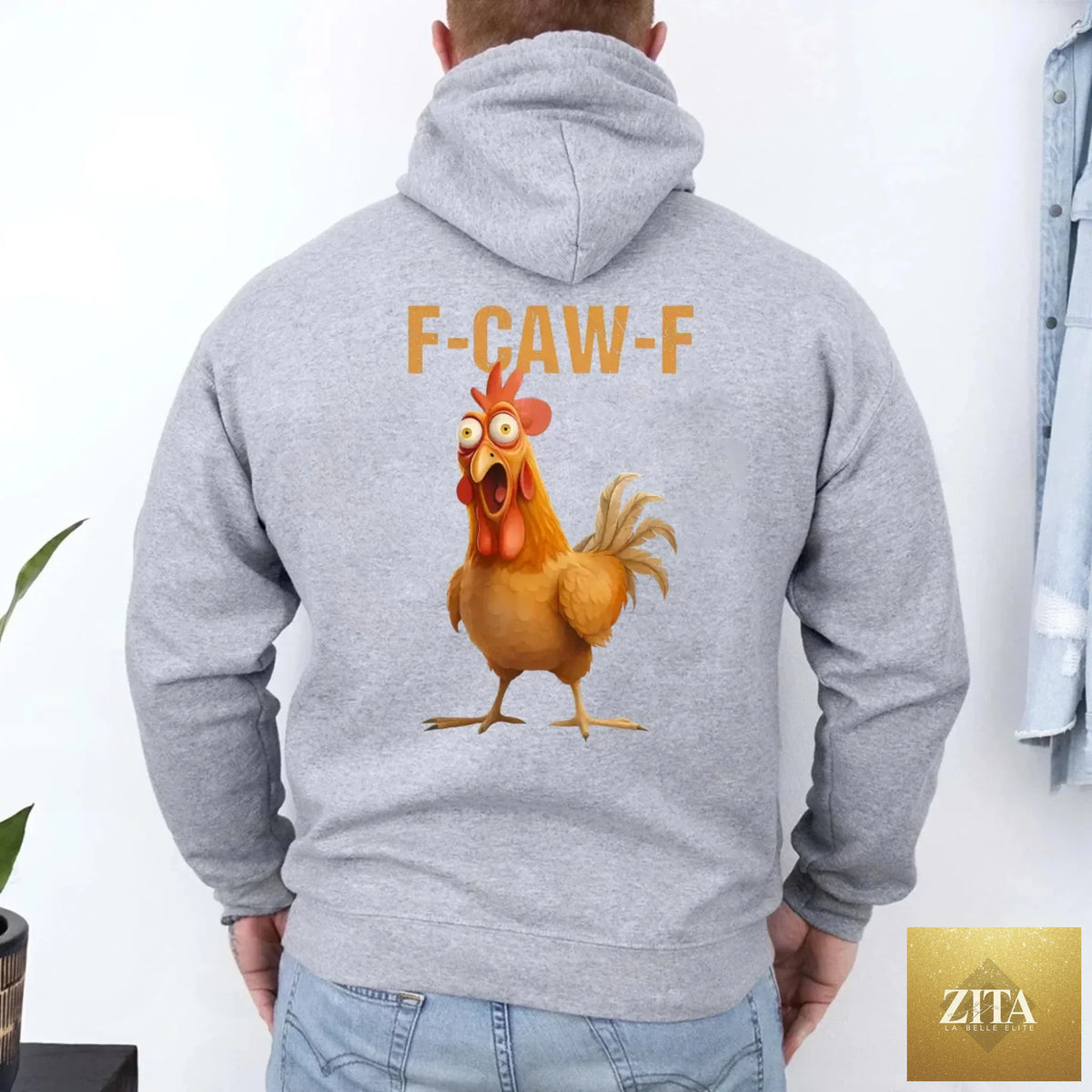 Funny F-Caw-F rooster hoodie from Adorb Custom Tees featuring a playful rooster graphic on a casual hoodie.