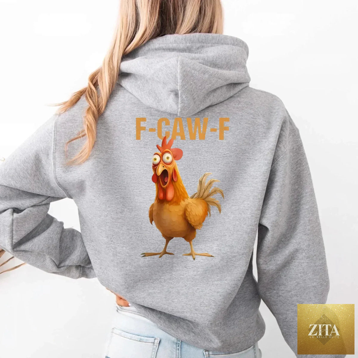 Funny F-Caw-F rooster hoodie by Adorb Custom Tees featuring a playful rooster graphic on a cozy hoodie.