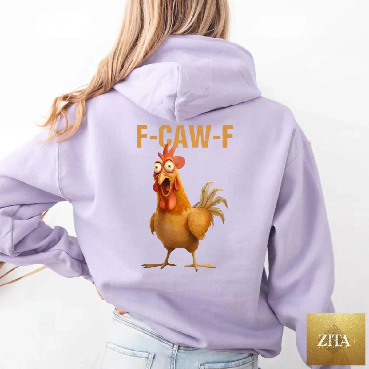 Funny F-Caw-F rooster hoodie by Adorb Custom Tees, featuring a colorful cartoon rooster graphic on a cozy hoodie.
