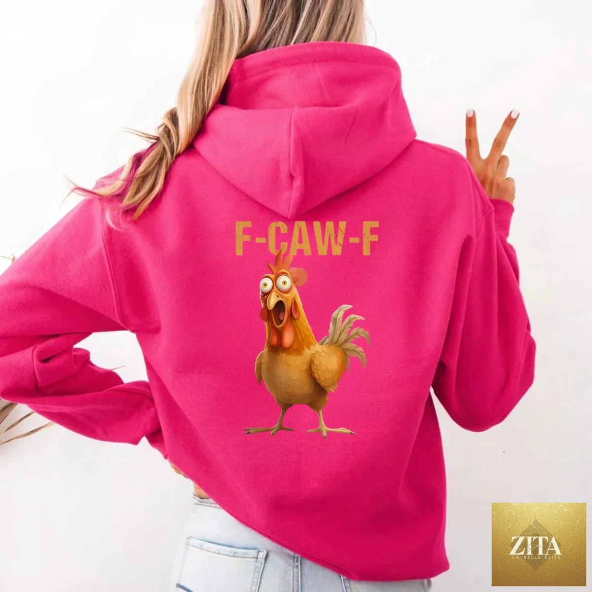 Funny F-Caw-F Rooster hoodie by Adorb Custom Tees featuring a playful rooster graphic on a cozy hoodie.