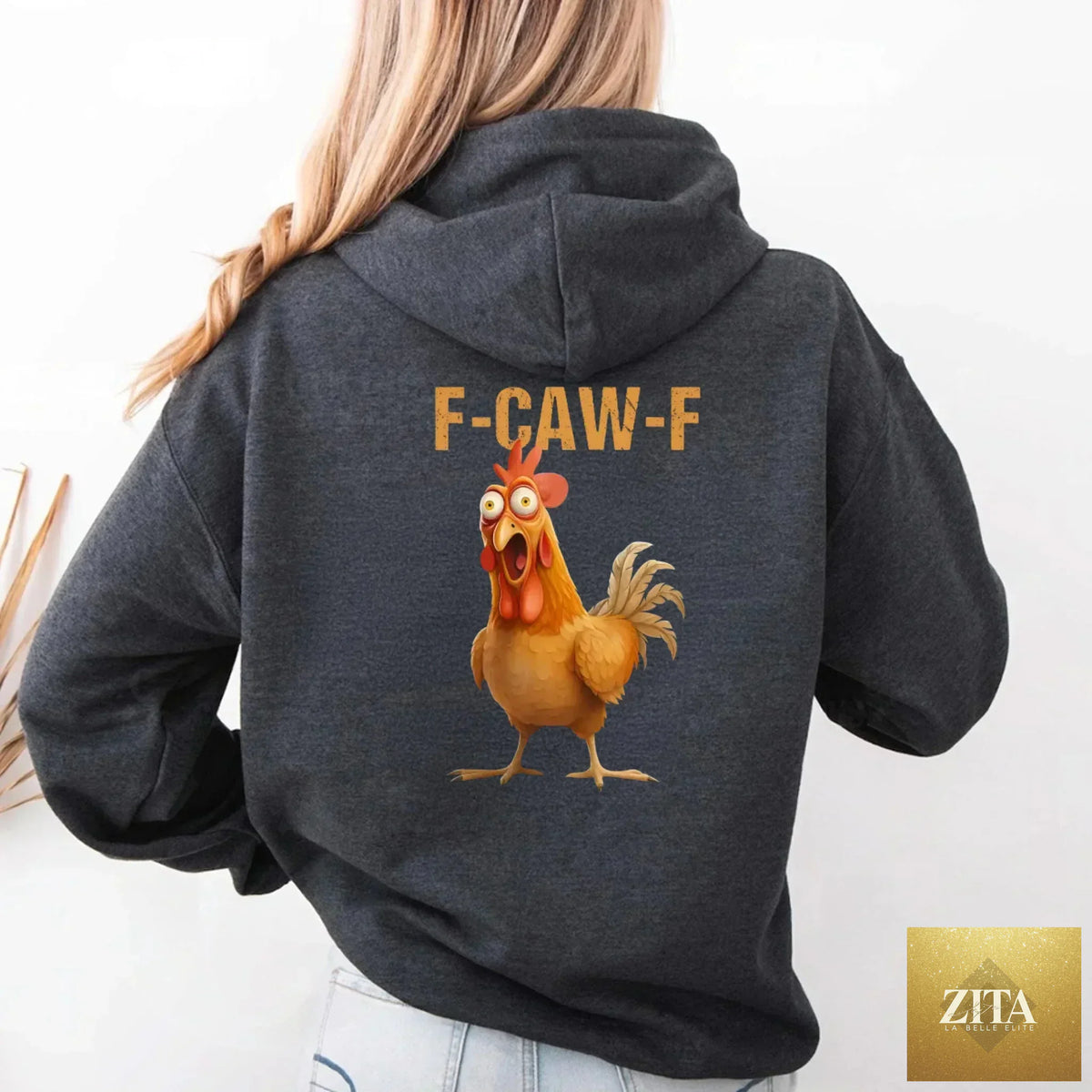 Funny F-Caw-F rooster hoodie by Adorb Custom Tees, featuring a colorful cartoon rooster design on a casual hoodie.