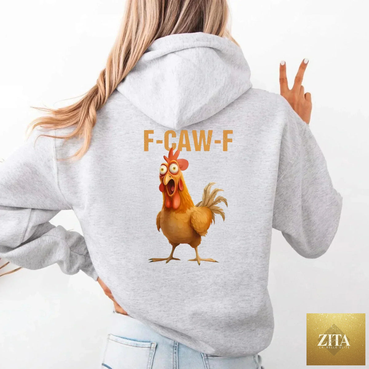 Pink hoodie featuring a humorous rooster graphic and the text "F-Caw-F" by Adorb Custom Tees.