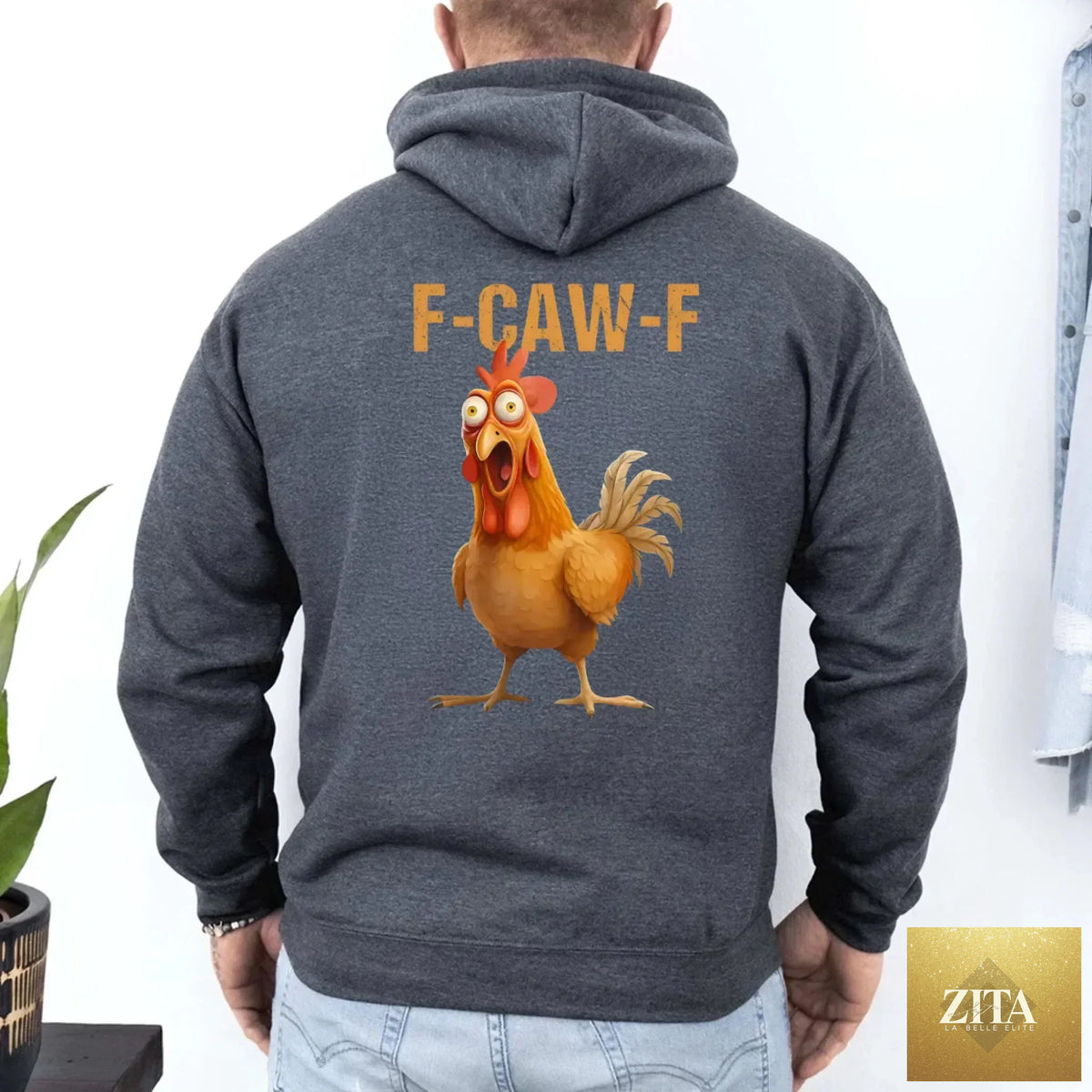 Funny F-Caw-F rooster hoodie by Adorb Custom Tees featuring a colorful cartoon rooster graphic on a casual hoodie.