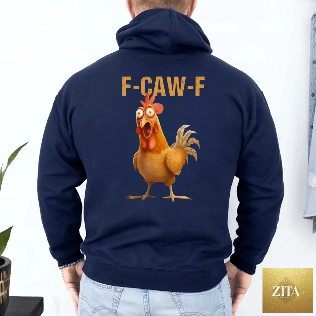 Funny F-Caw-F rooster hoodie by Adorb Custom Tees, featuring a playful cartoon rooster design on a cozy hoodie.