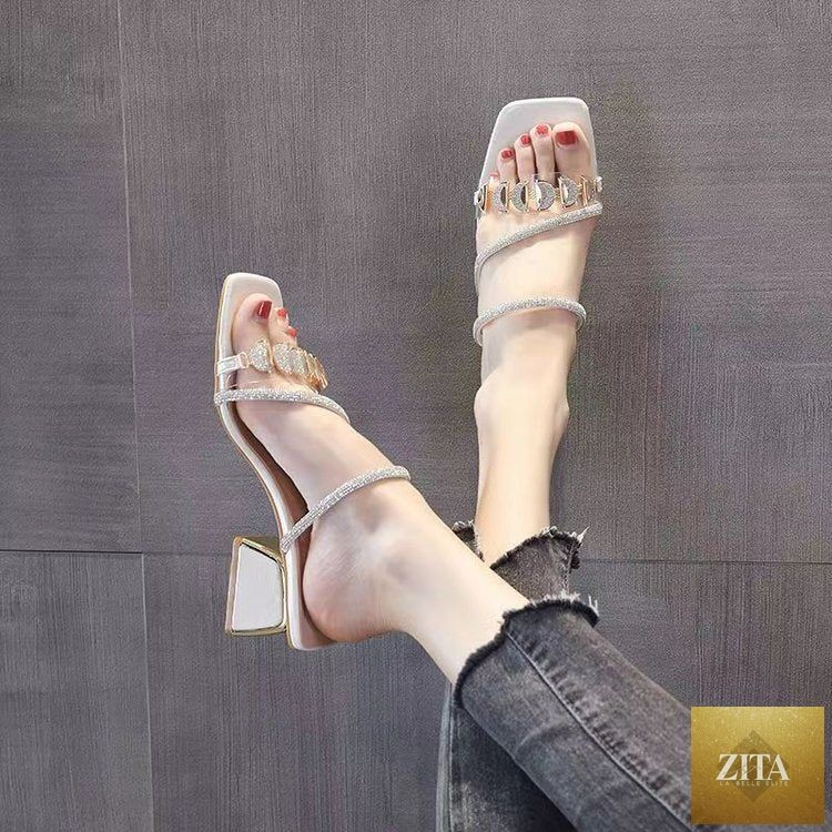 Women's Korean style rhinestone slide sandals with single strap and mid chunky heel by Zita La Belle Elite.