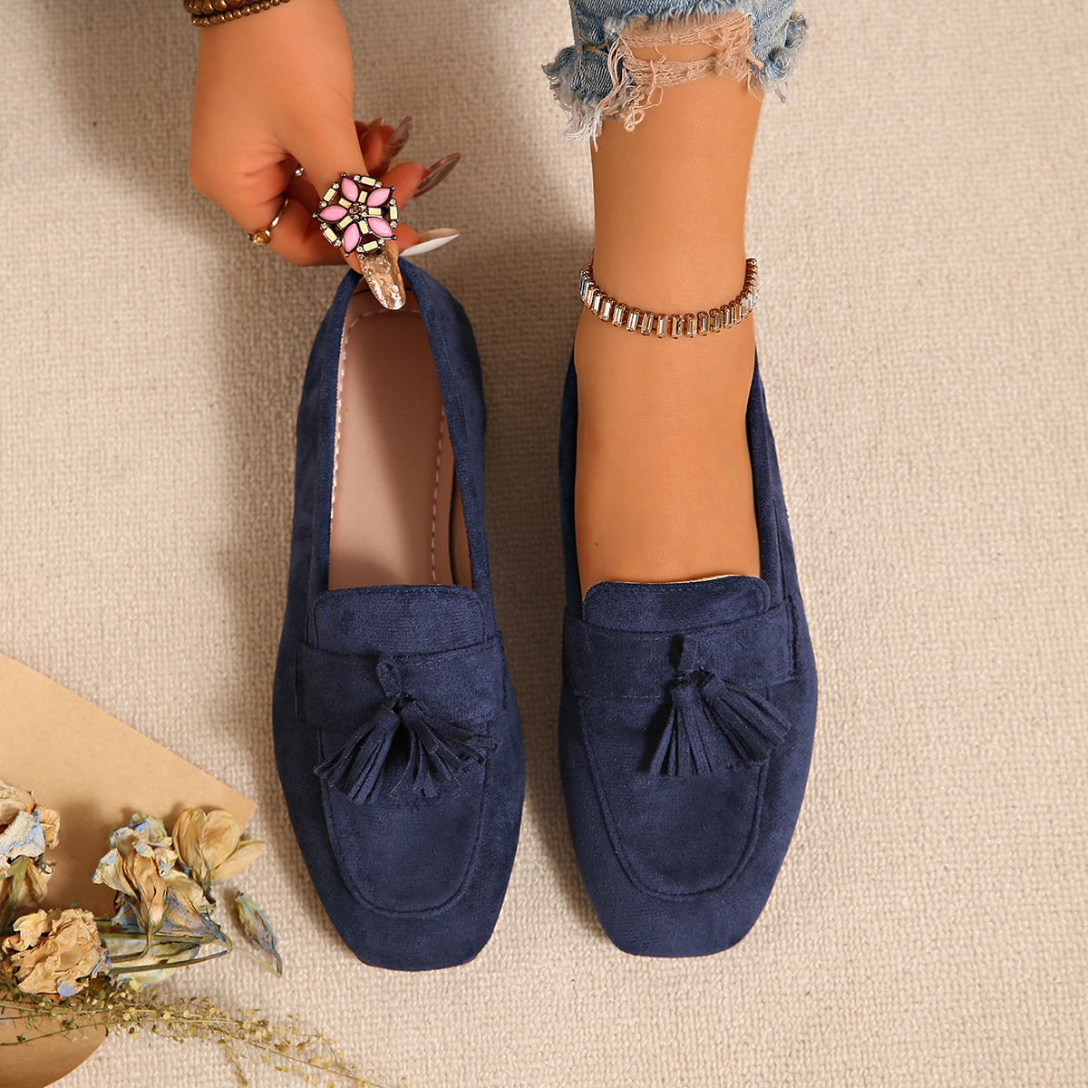 Women's square toe tassel slip-on loafers by FitiqueFit featuring suede material and flat casual design.