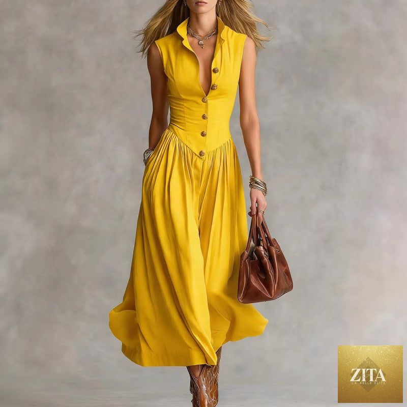 Women's sleeveless lapel collar maxi dress by Zita La Belle Elite, slim fit casualwear with patchwork design.