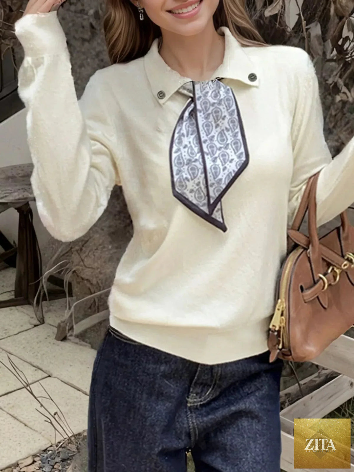 Scarf-Accented Long Sleeve Sweater