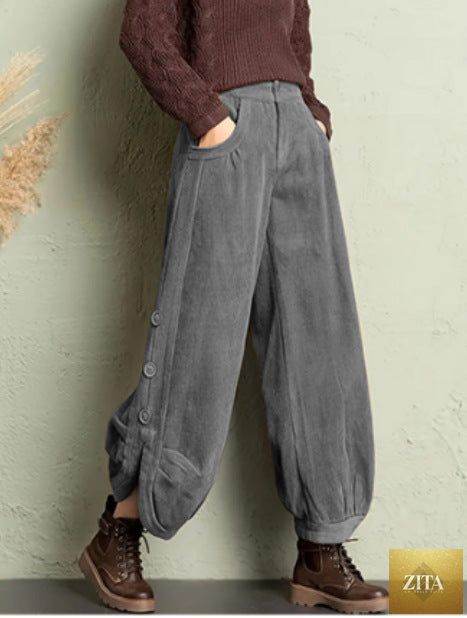 Zita La Belle Elite corduroy wide-leg pants with lace-up detail, street style fashion featuring a relaxed fit and high waist.
