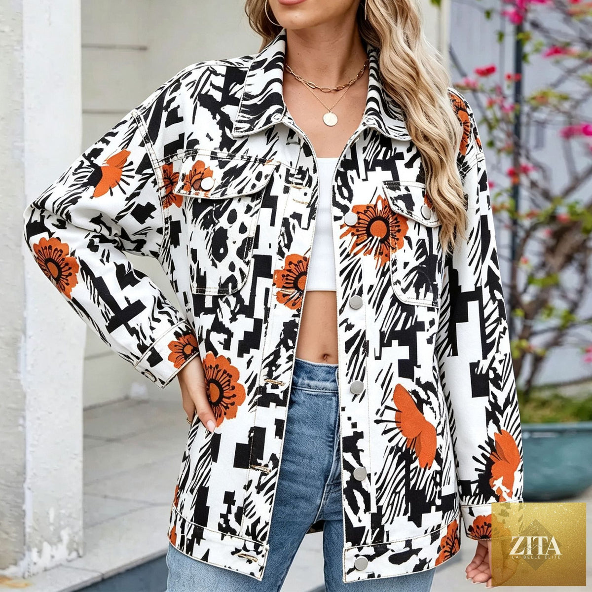Women's Botanical Print Drop-Shoulder Denim Jacket